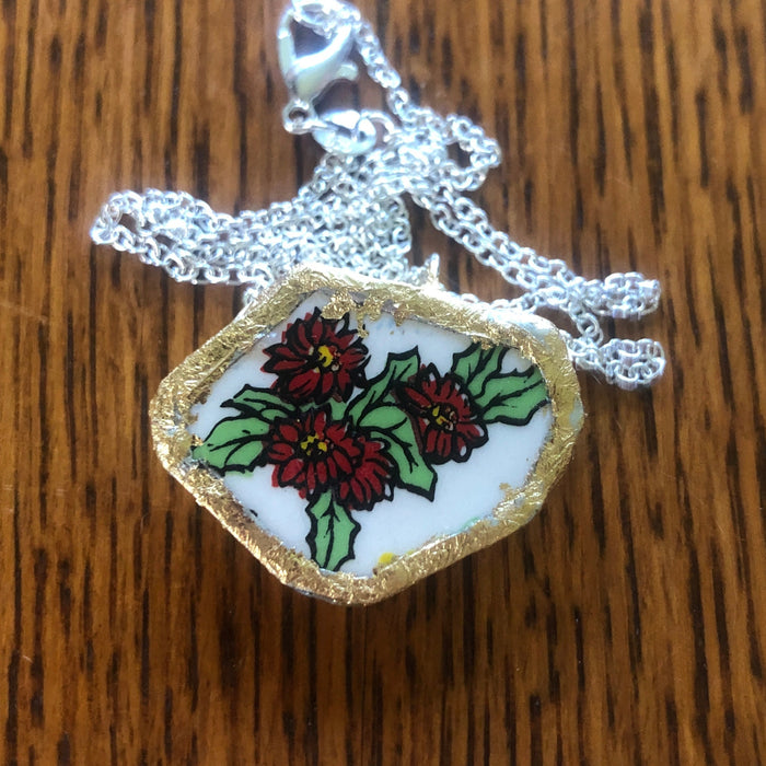 Broken Pottery Artisan Made Poinsettia Pendant Florida Collectors Plate Handcrafted Necklace 1.25in x 1in