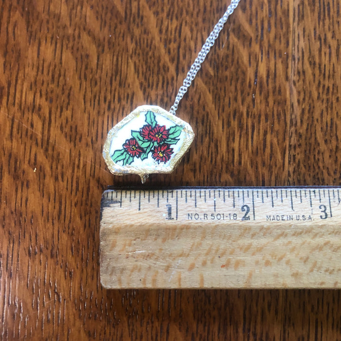 Broken Pottery Artisan Made Poinsettia Pendant Florida Collectors Plate Handcrafted Necklace 1.25in x 1in