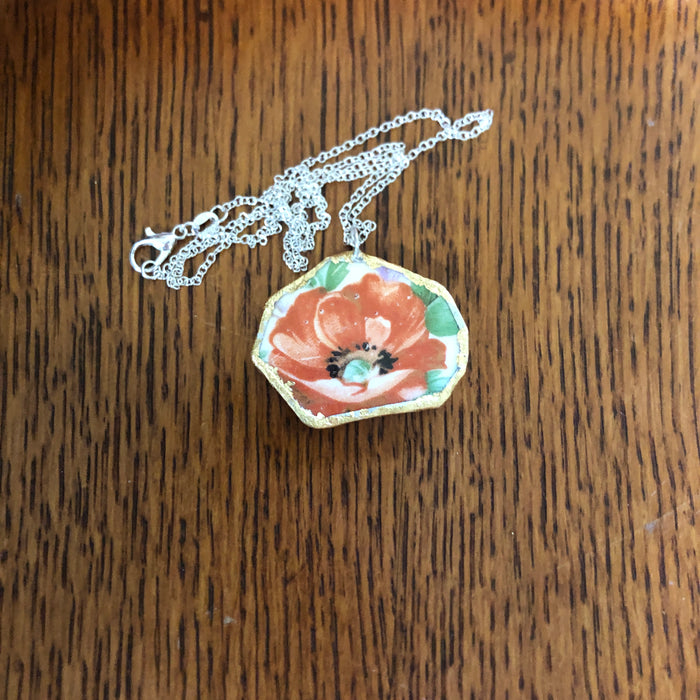 Broken Pottery Artisan Made Poppy Pendant Royal China Plate Handcrafted Necklace 1.5in x 1.25in