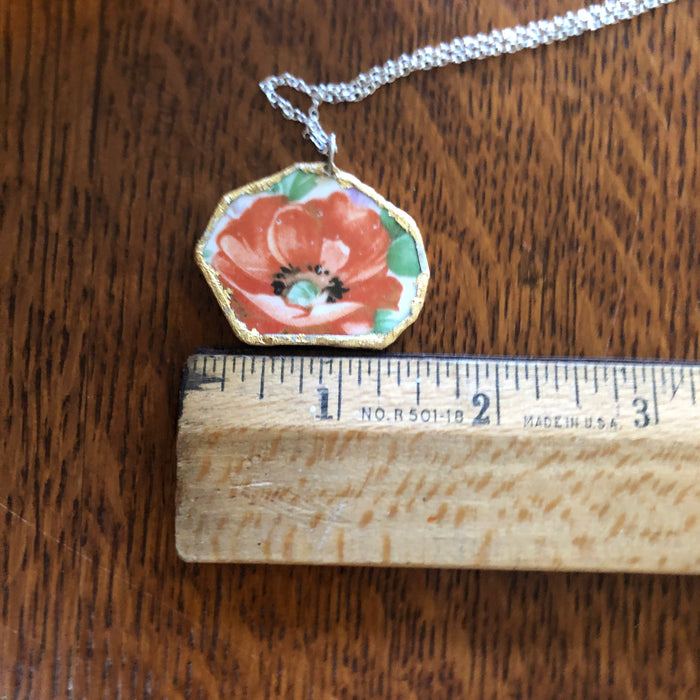 Broken Pottery Artisan Made Poppy Pendant Royal China Plate Handcrafted Necklace 1.5in x 1.25in