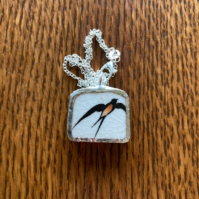 Broken Pottery Artisan Made Swallow Pendant Wells Plate Handcrafted Necklace 1 in x 3/4 in