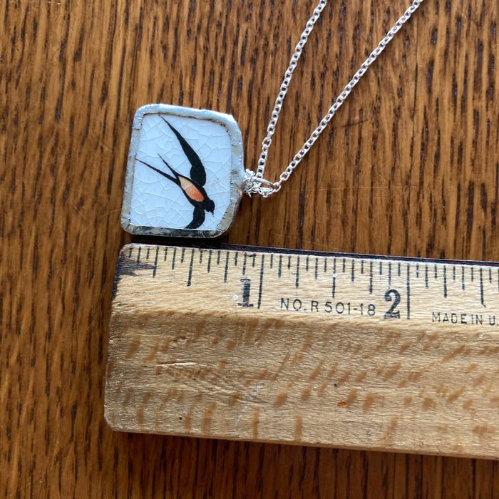 Broken Pottery Artisan Made Swallow Pendant Wells Plate Handcrafted Necklace 1 in x 3/4 in