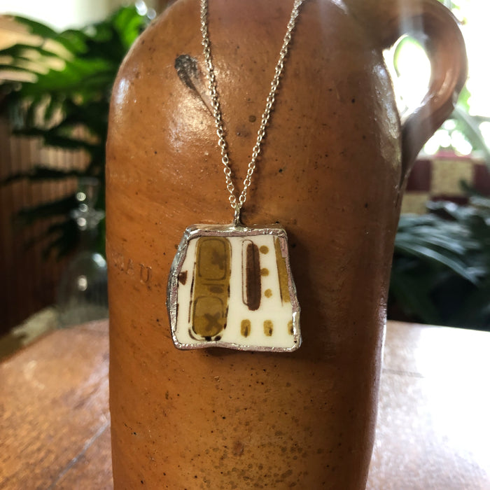 Broken Pottery Artisan Made Tiki Room Pendant Ceramic Guild Esperanto Plate Handcrafted Necklace 1.25in x 1.25in