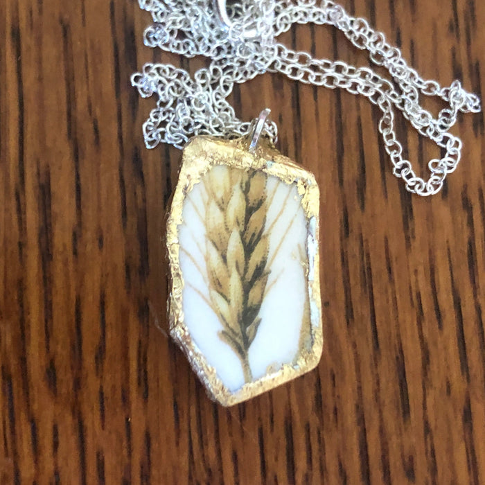 Broken Pottery Artisan Made Wheat Pendant Royal China Plate Handcrafted Necklace 5/8in x 1in