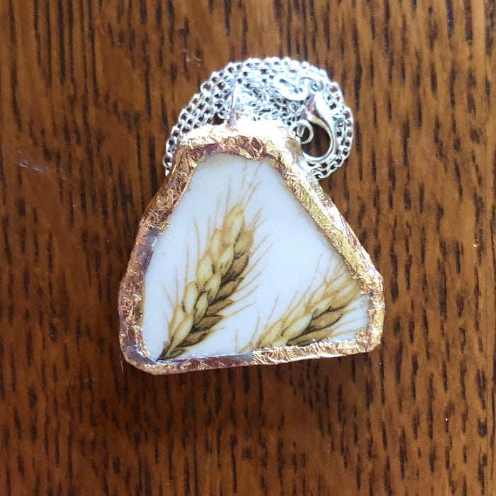 Broken Pottery Artisan Made Wheat Pendant Royal China Plate Handcrafted Necklace 1.5in x 1.25in