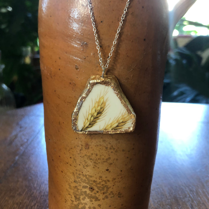 Broken Pottery Artisan Made Wheat Pendant Royal China Plate Handcrafted Necklace 1.5in x 1.25in