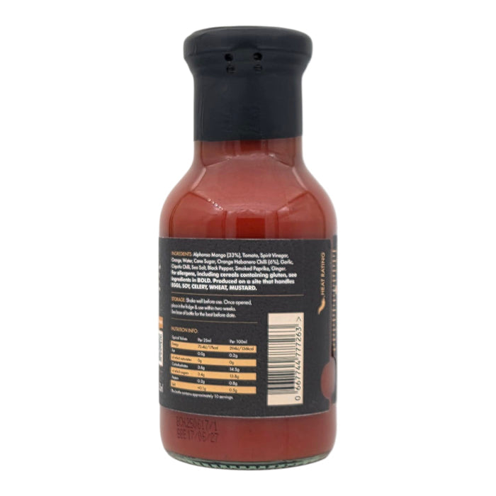 Back view of Caribbean Mango Hot Sauce bottle with black cap