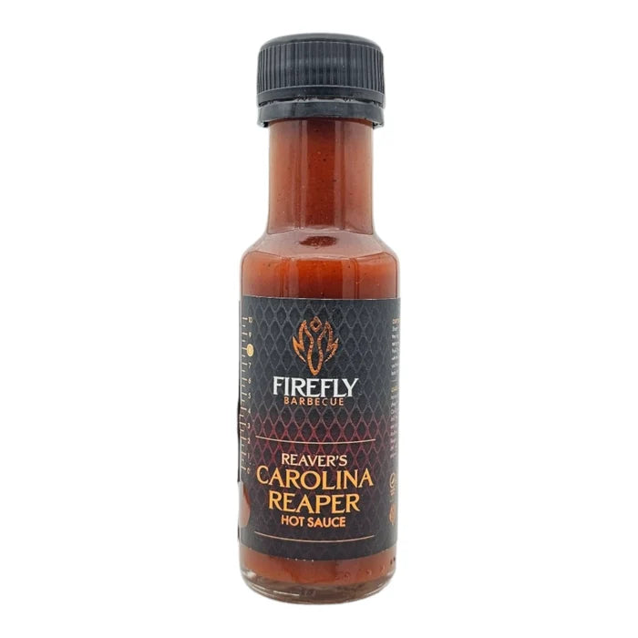 Front view of Firefly BBQ Reaver's Carolina Reaper Hot Sauce bottle with bold black and orange label. Spicy Carolina Reaper heat in 100ml glass bottle.