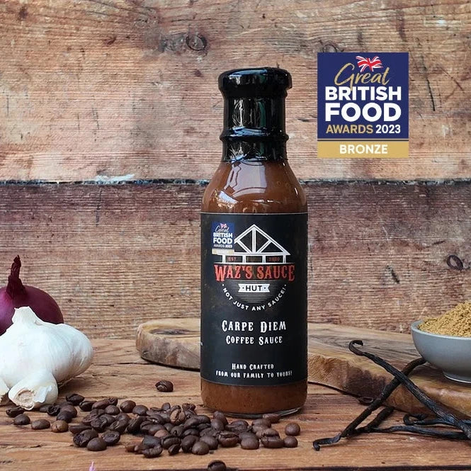Carpe Diem Coffee Sauce bottle on rustic wooden background