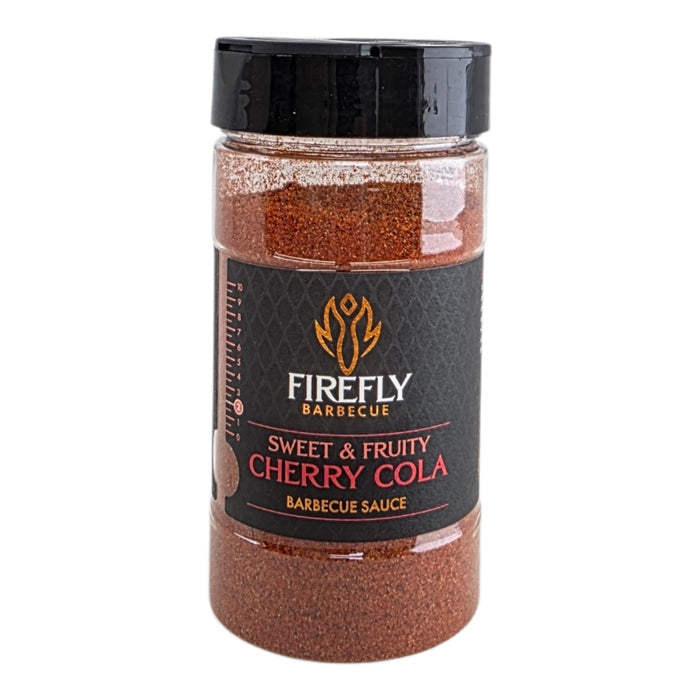 Cherry Cola BBQ Rub jar with black lid and red seasoning inside