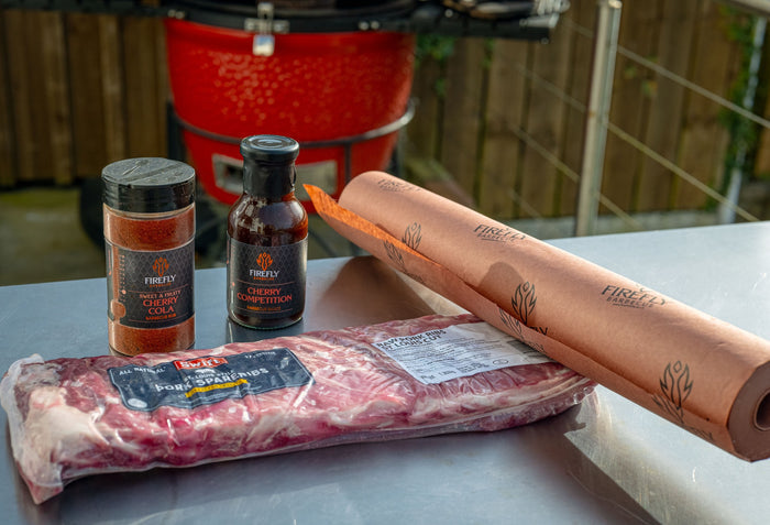 Pork spare ribs with Firefly barbecue rub and sauce