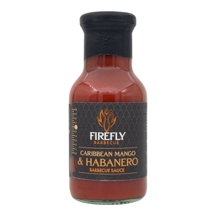 Side view of Caribbean Mango Hot Sauce bottle with black cap