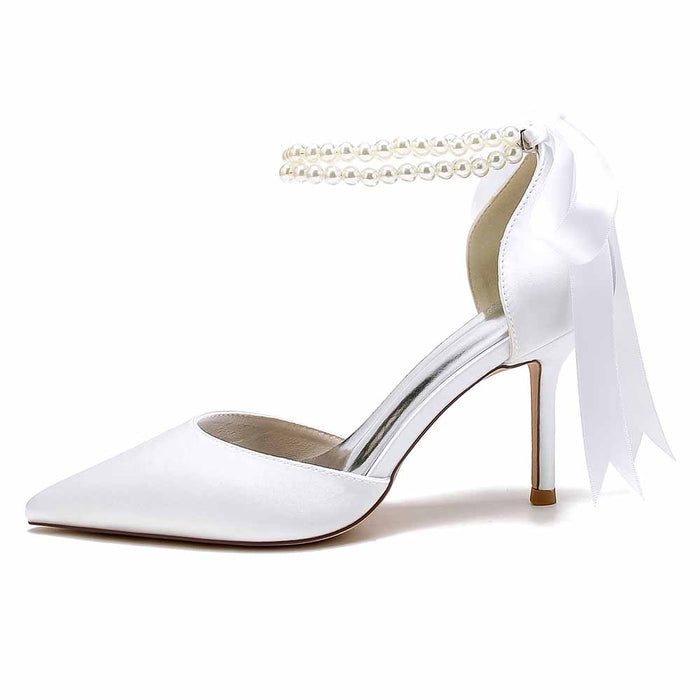 Elegant closed toe wedding shoes by S&DCo. featuring a pearl ankle strap and stylish ribbon detail