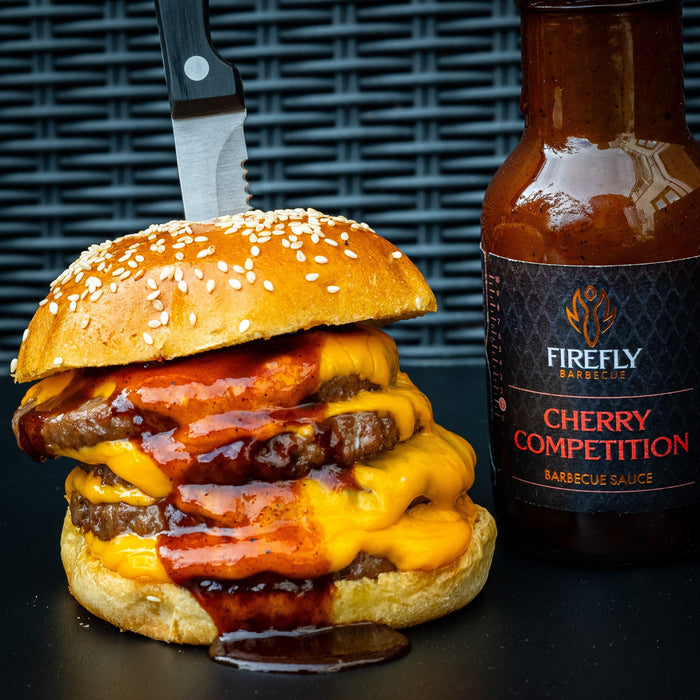 Burger topped with Competition Cherry BBQ Sauce