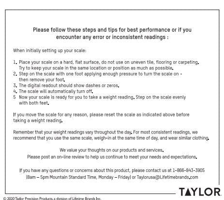 Printed setup guide for a digital bathroom scale with step by step directions and a Taylor logo.