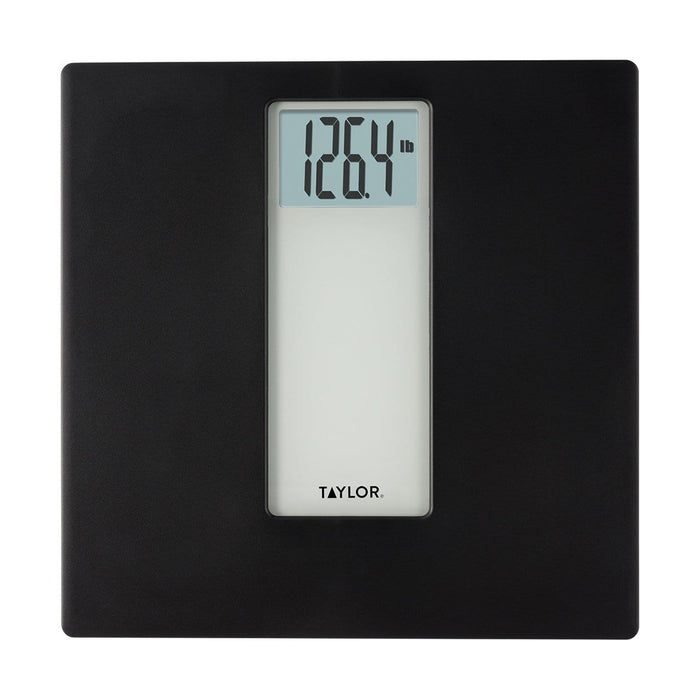 Black digital bathroom scale with a vertical light panel and central digital readout.