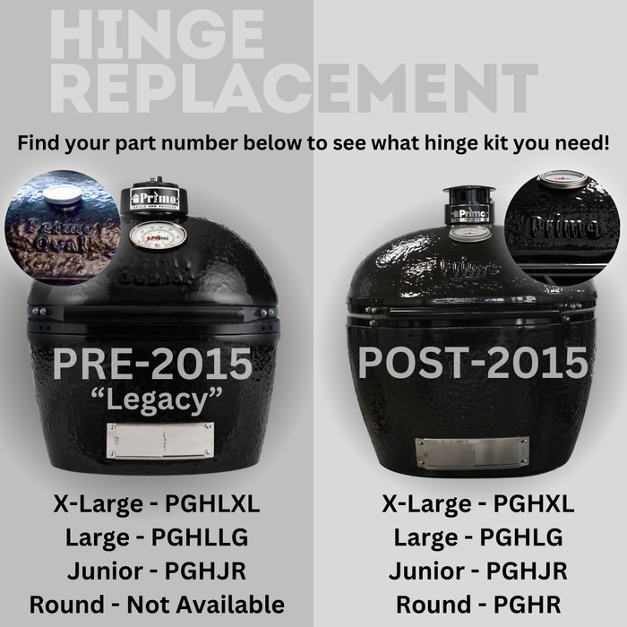 Hinge replacement guide for Primo grills with images of pre-2015 and post-2015 models