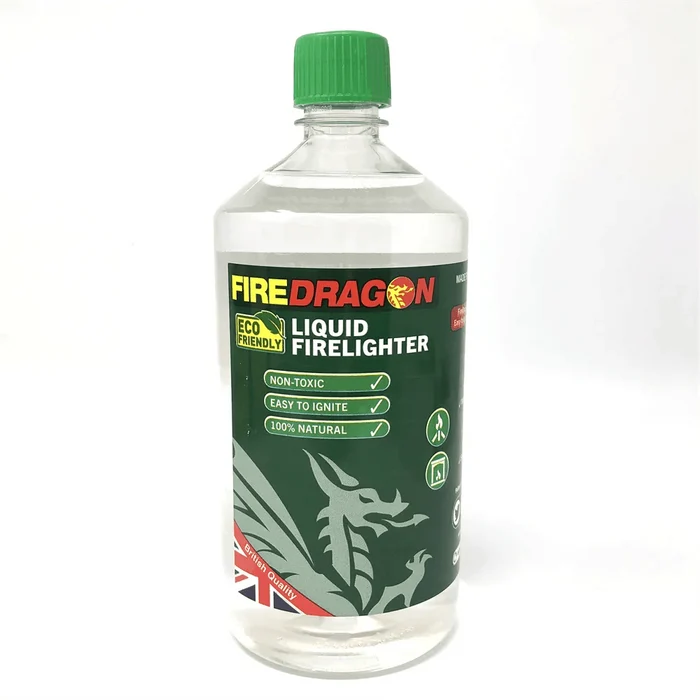 FireDragon Liquid Biofuel firelighter bottle with green cap, eco-friendly, non-toxic, easy to ignite, clean burning
