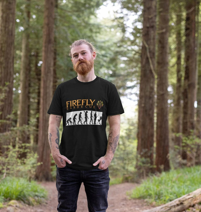 Men's BBQ T-shirt featuring evolution of man to grilling