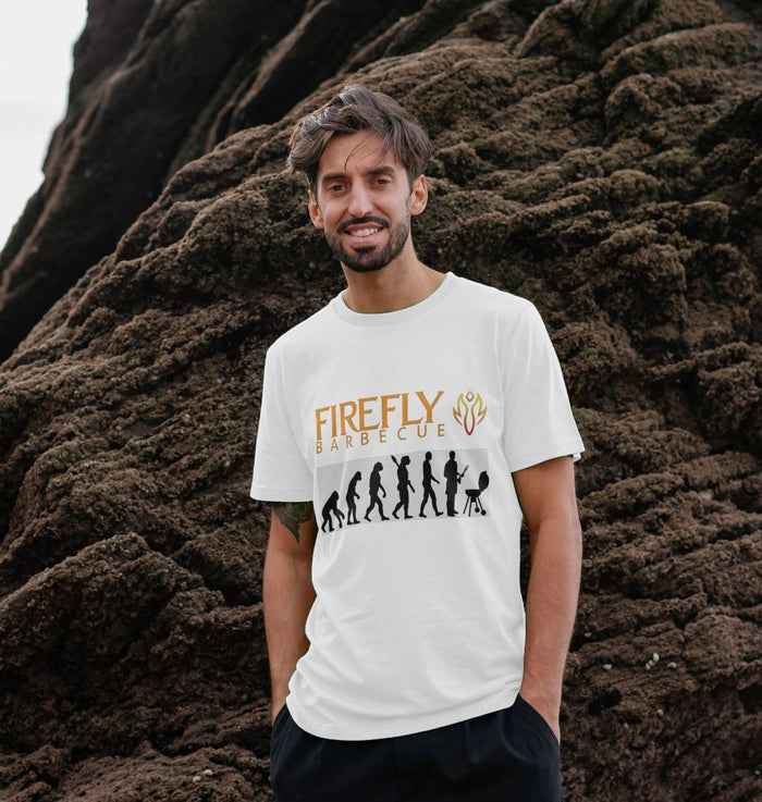 White men's BBQ T-shirt with evolution graphic and fire logo