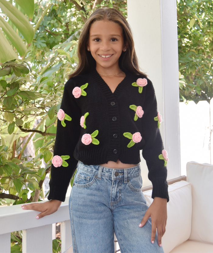 FBZ Girls Chandler Flower Cardigan Girls Casual Tops FBZ Flowers By Zoe Black Y/S (7/8)