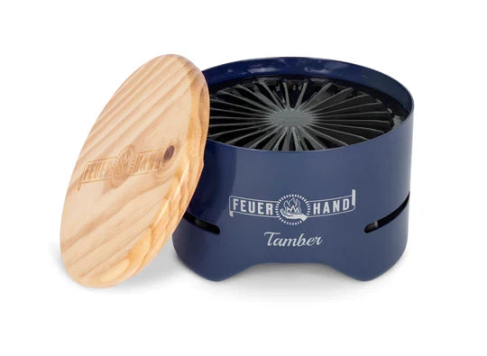 Open Feuerhand Tamber Table Top Grill with non-stick grate and wooden lid