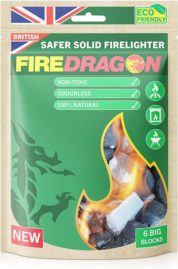 Fire Dragon solid fuel firelighter packaging with eco-friendly label and flames illustration