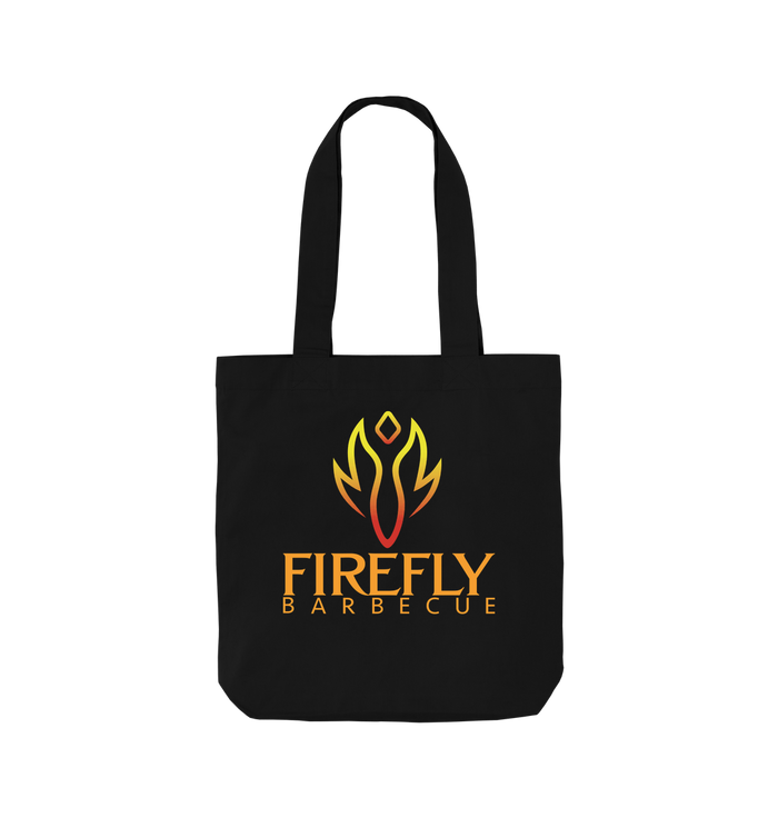 Black tote bag with Firefly Barbecue logo