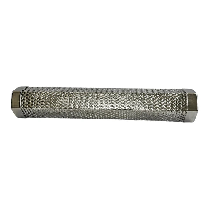 Close-up of stainless steel BBQ smoker tube with perforated design