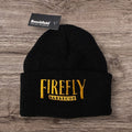 Black beanie with yellow 'FireFly Barbecue' logo, knit winter hat for unisex apparel