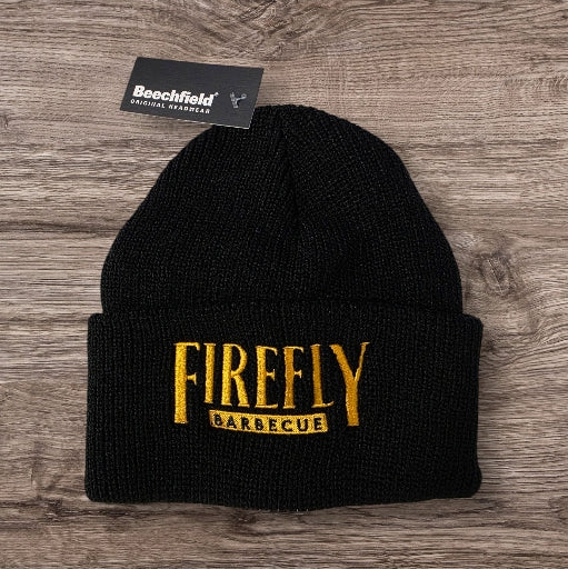 Black beanie with yellow 'FireFly Barbecue' logo, knit winter hat for unisex apparel