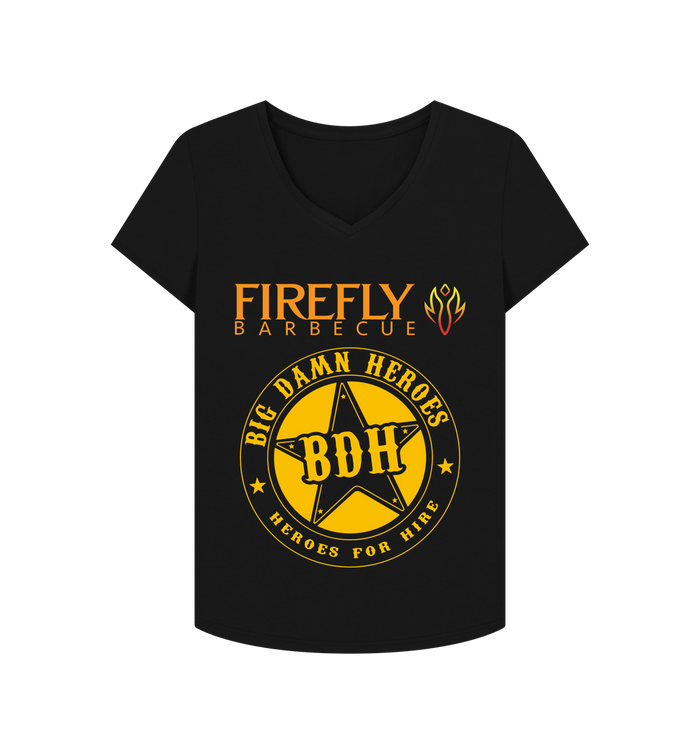 Black women's V neck T-shirt with Firefly Barbecue logo and Big Damn Heroes badge design