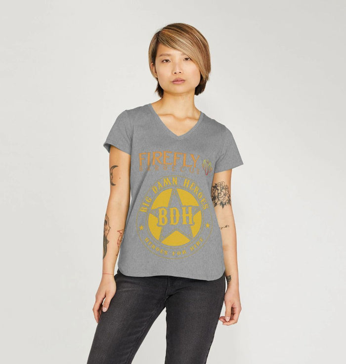 Gray women's V neck T-shirt with Firefly Barbecue and Big Damn Heroes badge logo on plain background