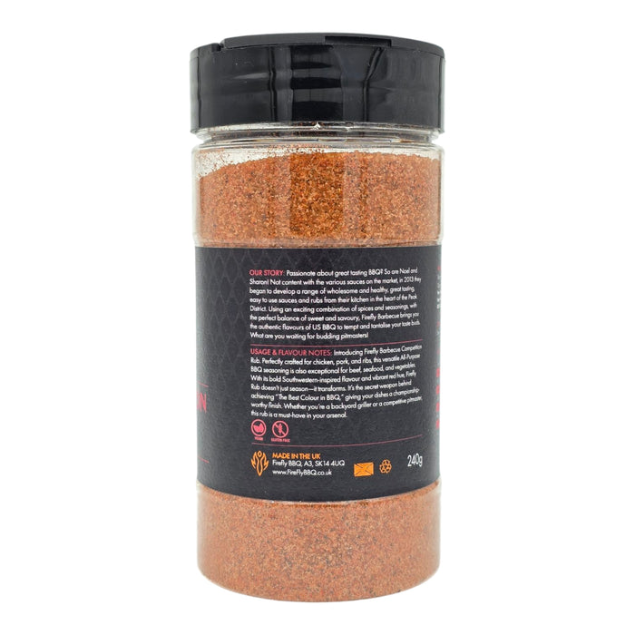 Back view of Firefly BBQ Rub jar with detailed label and spice inside