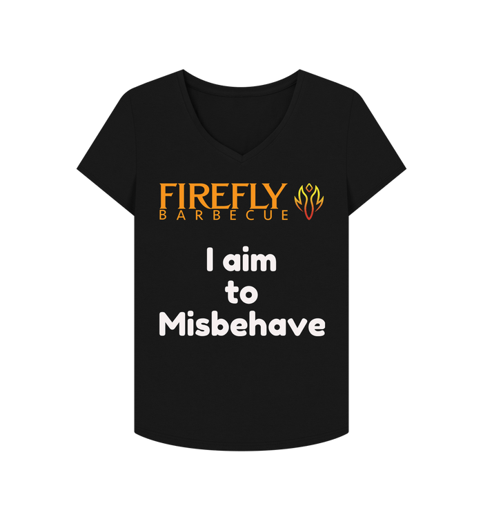 Women's V-Neck T-Shirt - I Aim to Misbehave with Firefly Barbecue logo in black