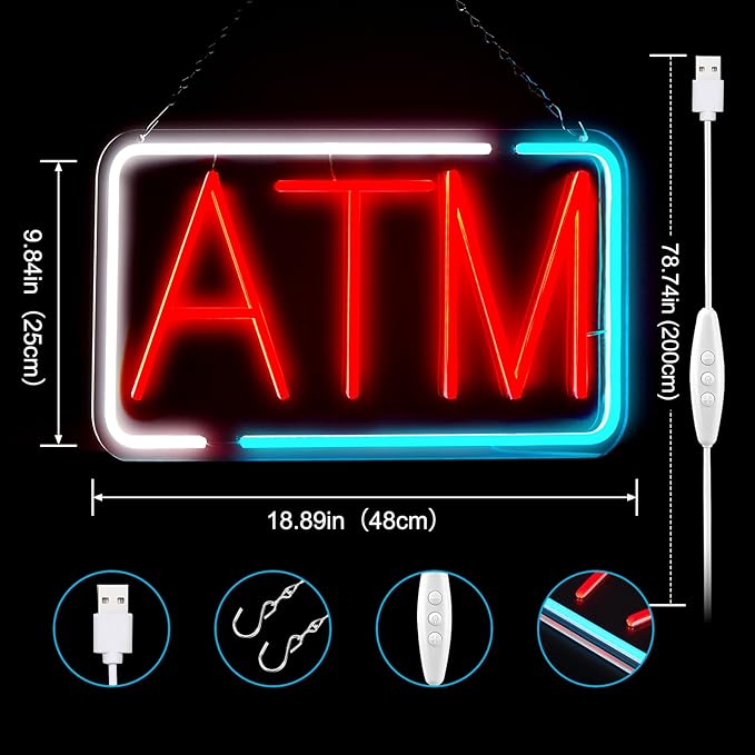 FITNATE ATM Neon Sign, Super Bright, USB Power and Adjustable Brightness for Bank Business Mart Shop Store