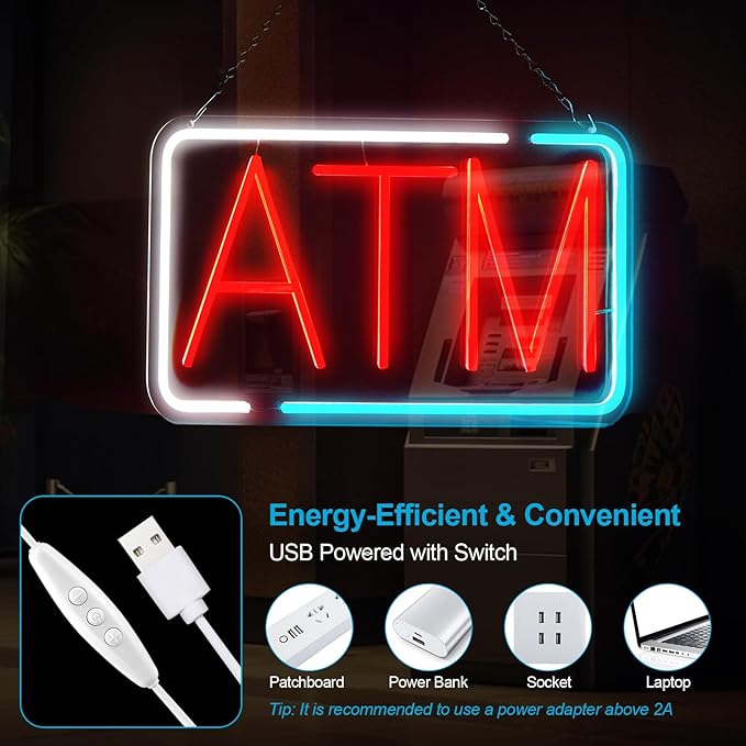 FITNATE ATM Neon Sign, Super Bright, USB Power and Adjustable Brightness for Bank Business Mart Shop Store