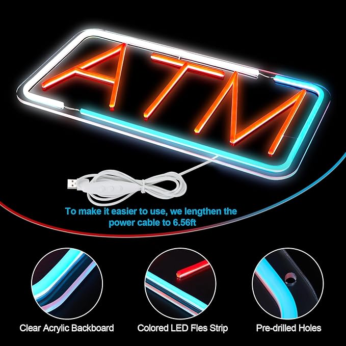 FITNATE ATM Neon Sign, Super Bright, USB Power and Adjustable Brightness for Bank Business Mart Shop Store