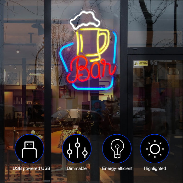FITNATE Neon Bar Sign, Beer Neon Sign for Wall Decor, Brightness Adjustable LED Neon Light Sign USB Powered