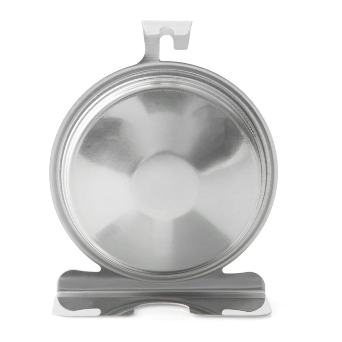 Circular stainless steel fridge freezer thermometer with a hanging mounting hook
