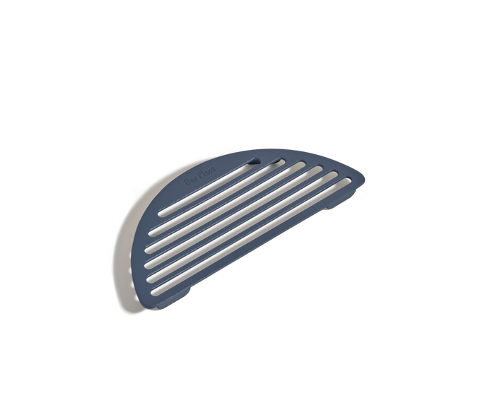 The Fry Deck is a blue, semi-circular slotted metal rack engraved with "Our Place," ideal as a frying add-on, shown against a white background.