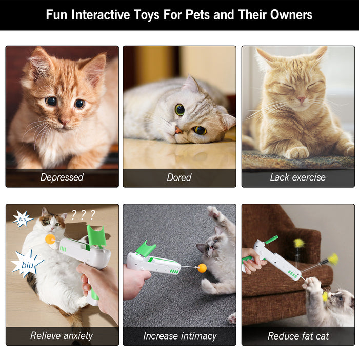 Green Interactive Cat Toy Gun Cat Stick Toy with Ball & Feather