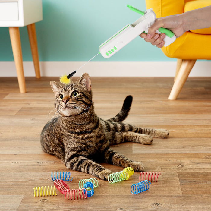 Green Interactive Cat Toy Gun Cat Stick Toy with Ball & Feather