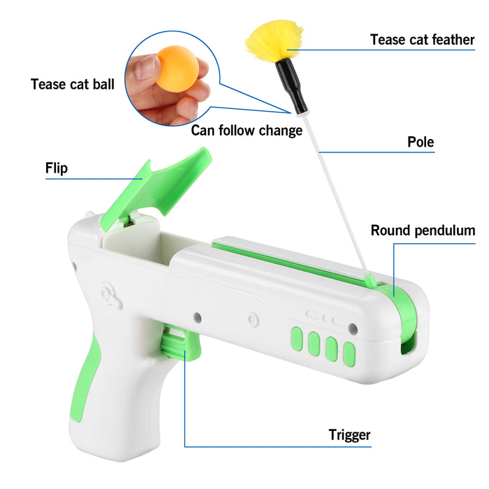 Green Interactive Cat Toy Gun Cat Stick Toy with Ball & Feather