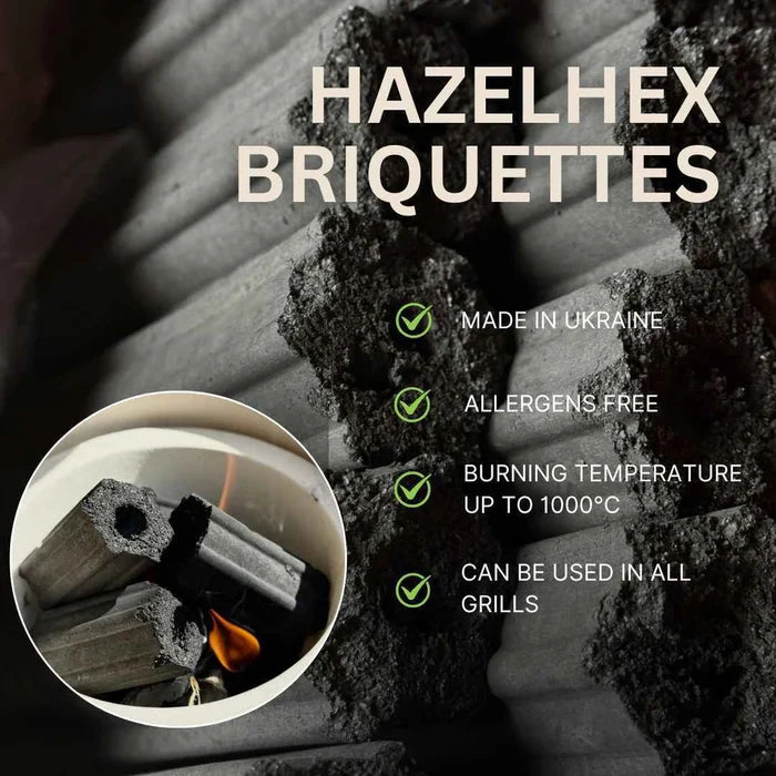 Close-up of black hazelnut shell charcoal briquettes for grilling