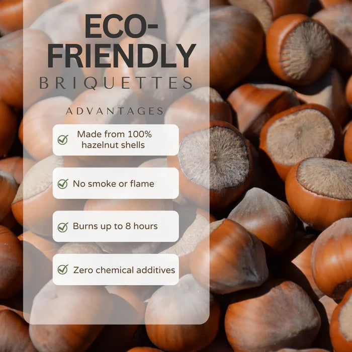 Globaltic hazelnut briquettes and traditional hex charcoal briquettes for BBQ