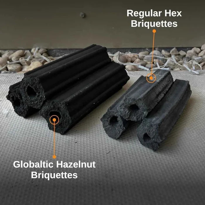 Eco-friendly hazelnut shell briquettes with sustainability icons and plant background