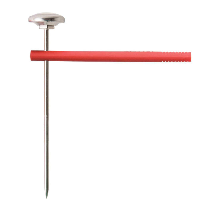 Red protective sheath placed beside the long stainless steel thermometer probe