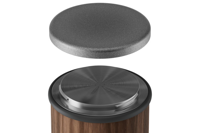 Exploded view of HORL 3 Walnut Sharpener's Quick Lock mechanism, highlighting the interchangeable grinding disc system.
