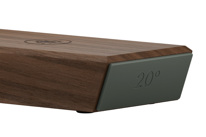 Close-up of the Walnut knife sharpener with 20-degree angle indicator
